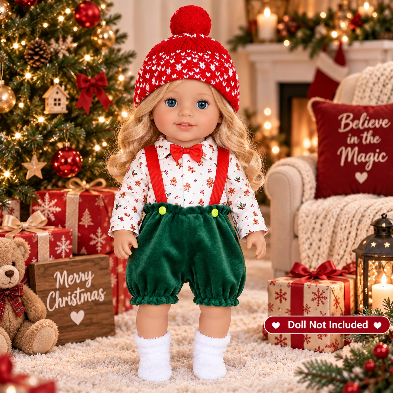Christmas Doll Clothes for 16-18inch 40-45cm Reborn Baby Doll Knit Hat Shirt Suspender Pants Socks Pretend Play Kids Girls Gift
