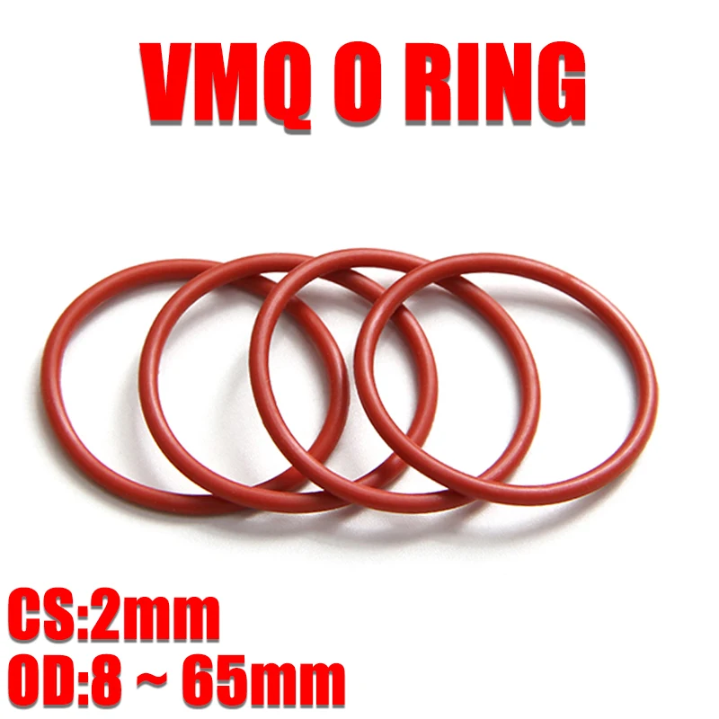 

10pcs VMQ O Ring Seal Gasket Thickness CS 2mm OD 8 ~ 65mm Silicone Rubber Insulated Waterproof Washer Round Shape Nontoxi Red