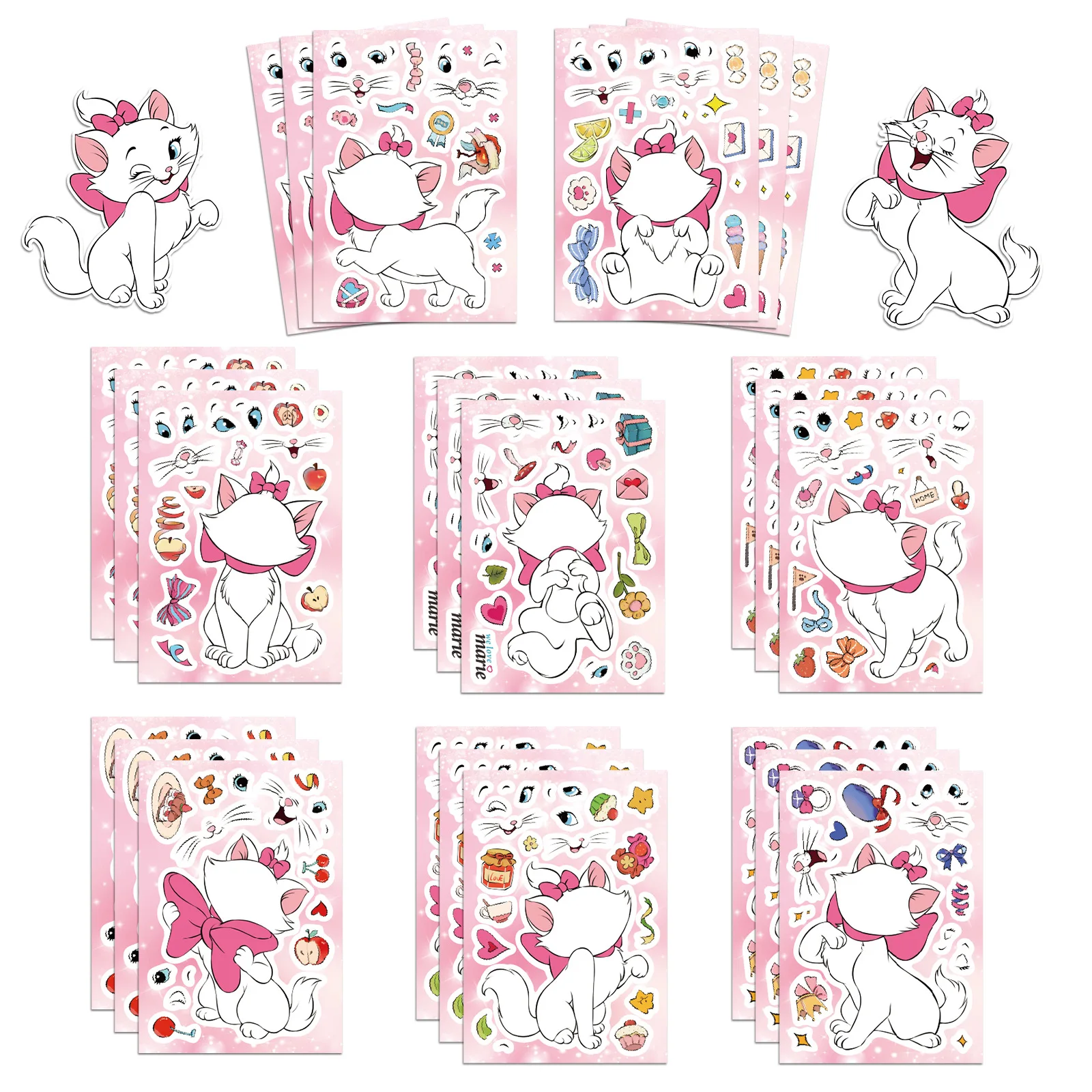 8/16/24PCS Pink Mary Cat Creative DIY Stickers Cute Cartoon Meow Fox Decorative Puzzle Stickers