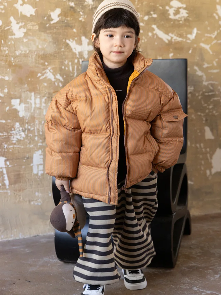 

2024 Winter Children Striped Stand Collar Down Jacket Boys Girls White Duck Down Outerwear Kids Thickened Warm Puffer Coat