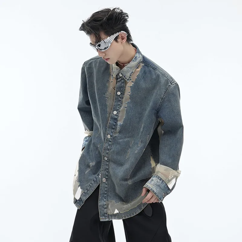 IEFB Men Shirt Niche Hollowed Out Design Denim Shirts Lace Patchwork Top Single Breasted Turn-down Collar Male Tops 24E1006