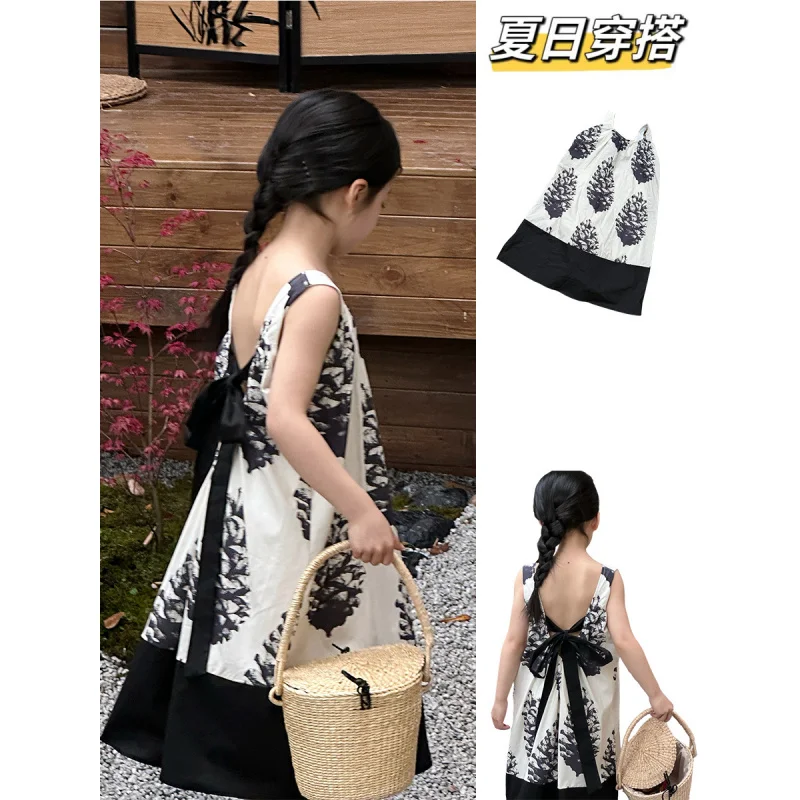 

Summer New Korean Style New Girls' Dress Children's Baby Back Tie Color Block Tank Dress Long Dress