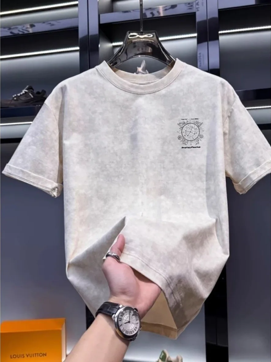 Retro Tie Dye Short Sleeve T Shirt Unisex Casual High Quality Top Outlet Style Breathable Loose Fit round Neck Geometric Print