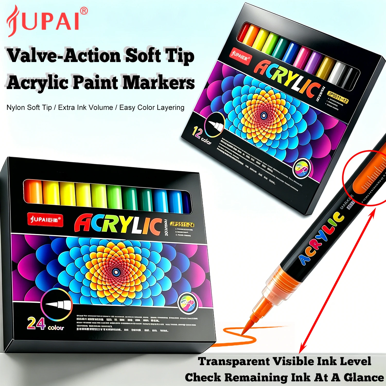 Jupai Soft-Tip Acrylic Marker Set with Transparent Pen Body That Allows Visibility of Remaining Ink, Valve Ink-Dispensing Nylon Soft-Tip Water-Based Paint Pens for Hand-Painting DIY on Stones, Ceramics, Wood Boards, and Graffiti