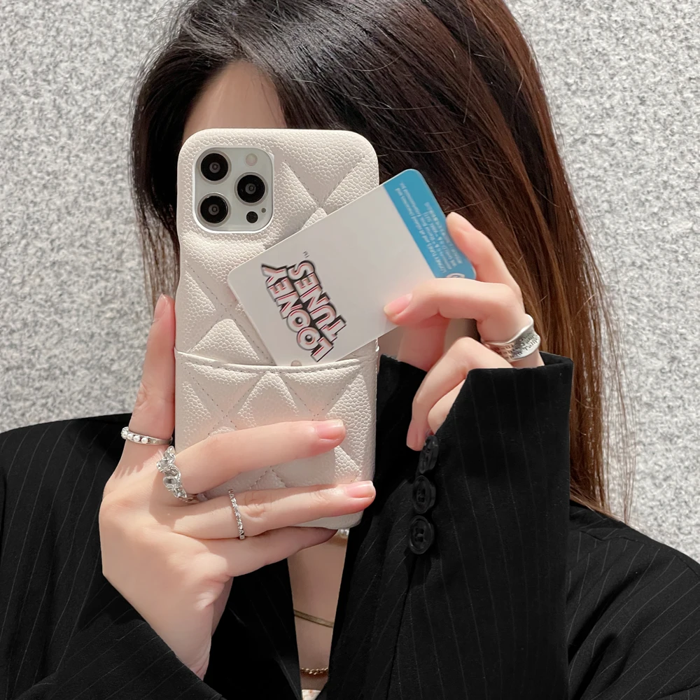 With Lanyard Card Holder High Quality Luxury Pebbled Solid Girls Leather For IPhone 15 14 13 12 11 Pro Max Soft White Phone Case