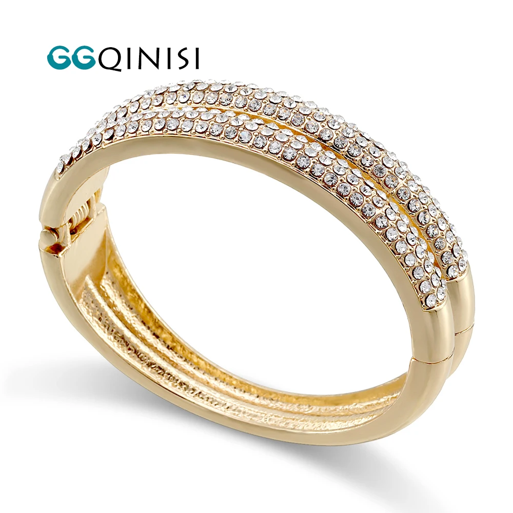 GGQINISI Gold Plating Inlaid AAA Rhinestones Luxury Cuff Bracelet Bangle for Women Girls Engagement Accessory Fashion Bracelets