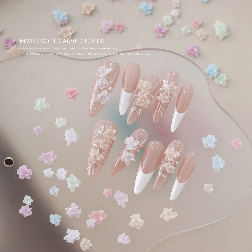 เรซิ่นผสมแกะสลักนูนลายดอกกุหลาบและดอกบัว 3 มิติ สีสันสดใส สำหรับตกแต่งเล็บ ทำเล็บมือ DIY อุปกรณ์เสริม