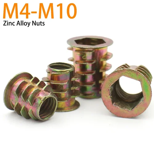 5/10 Uds M4 M5 M6 M8 M10 rosca de aleación de Zinc para tuerca de inserción de madera cabeza de accionamiento hexagonal con bridas tuercas para muebles