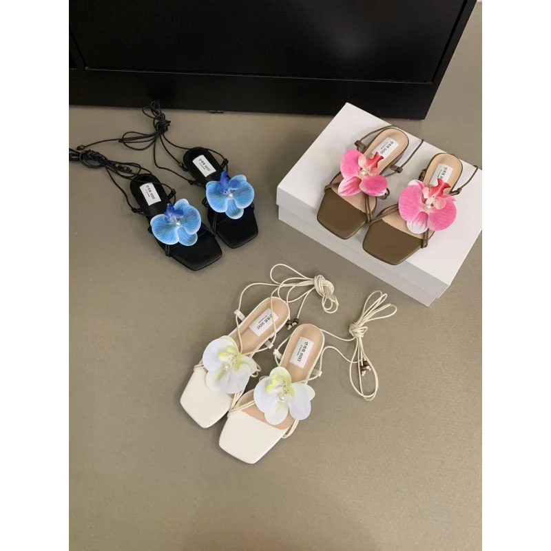 Spring Shoes Flat Sandals Suit Female Beige 2024 Summer Flip Flops Platform Square Toe Strappy Heels Without Black Fashion Beach