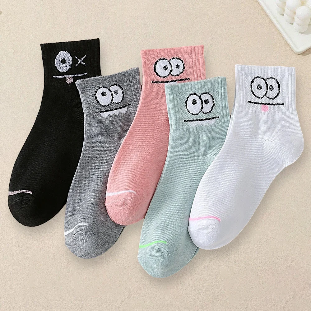 5 Pairs Women Cartoon Multi-color Eye Pattern Socks Fashionable Versatile Soft Socks Comfortable Lightweight Mid Length Socks