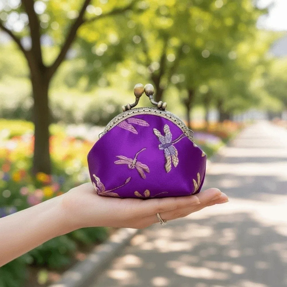 Anti-lost Kiss Lock Coin Purse Thickened Portable Brocade Mini Pouch Chinese Style Polyester Embroidered Small Pocket Earrings