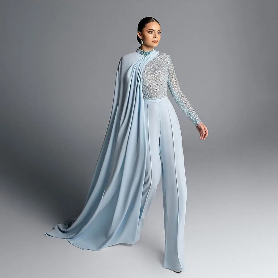 2025 Blue Floor Length Evening Dresses For Wedding Party Long Sleeves Sequined Formal Prom Dress Dubai Party Gown Custom