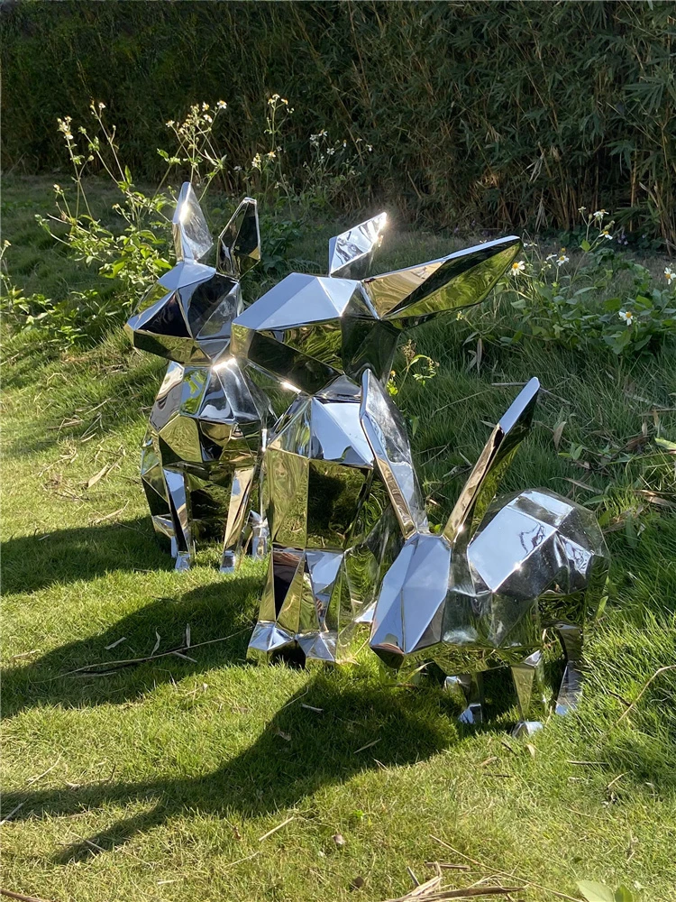 Outdoor landscape stainless steel geometric rabbit sculpture ornament hotel metal customization