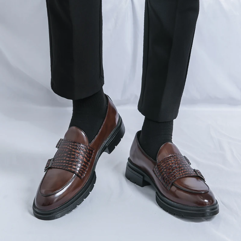 Black Thick Soled Slip On Oxford Shoes Round Head Platform Leather Shoes Brand Luxury Men Casual Designer Wedding Dress Shoes