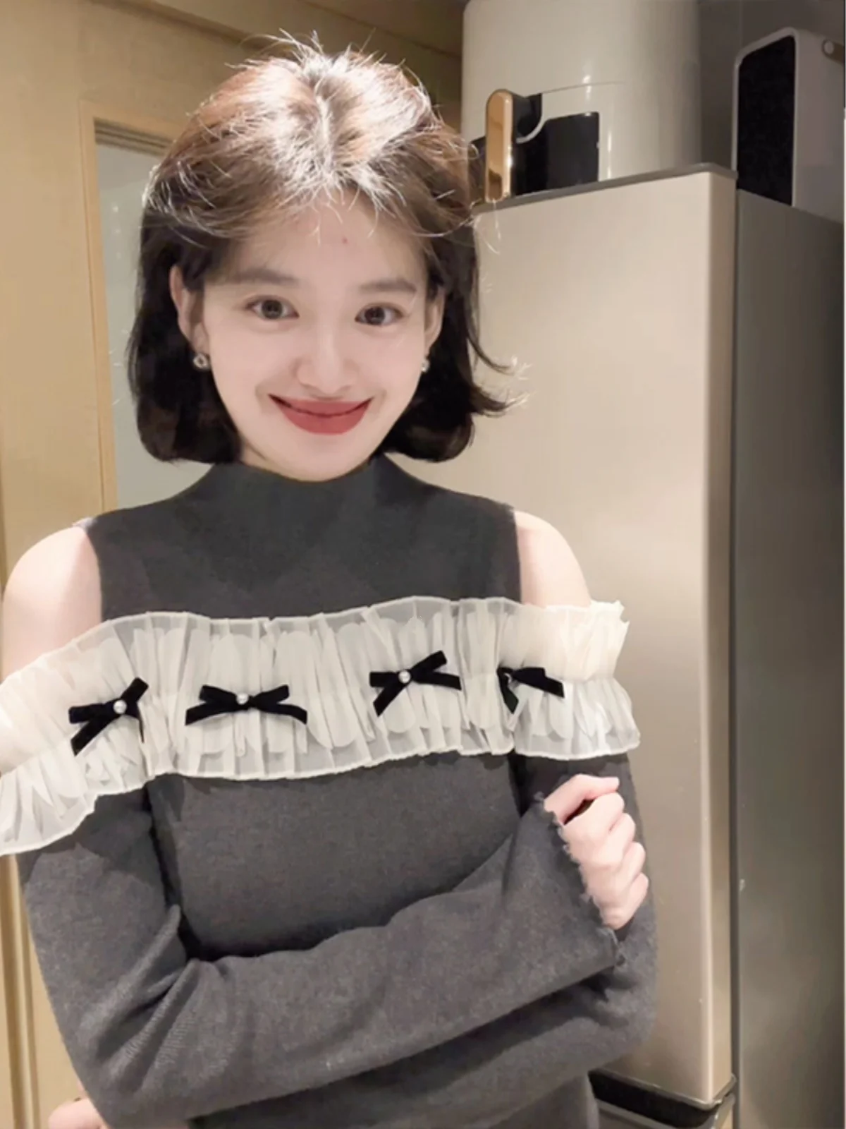 

Unique Beautiful oulder Bared f High Collar Knitted Sweater Women's Autumn Winter New Sle Knot Lace Slim Fit...