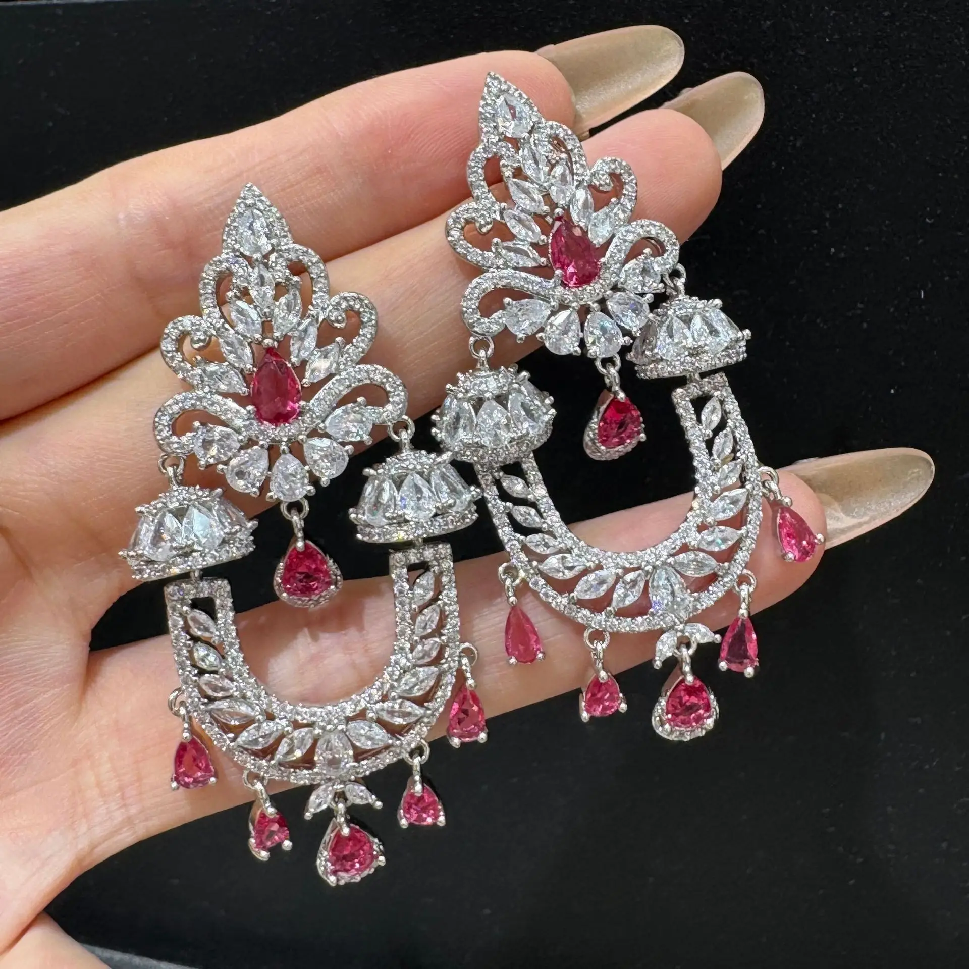 

luxury earrings for women wedding bride dinner party silver color white green fushia blue zirconia flower U shape earrings