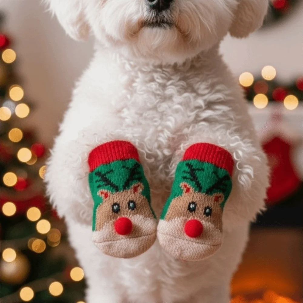 3D Red Nose Christmas Reindeer Dog Socks Elastic Non-Slip Outdoor Dog Feet Cover Cartoon Breathable Pet Dog Paw Sock