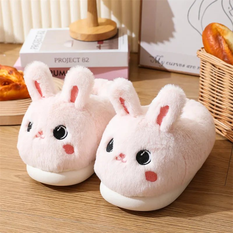 Pink Rabbit Womens Slipper Winter Loafer Girls Funny Animal Cartoon Cotton Shoes Ladies Fur Slides Plush Platform Home Slippers