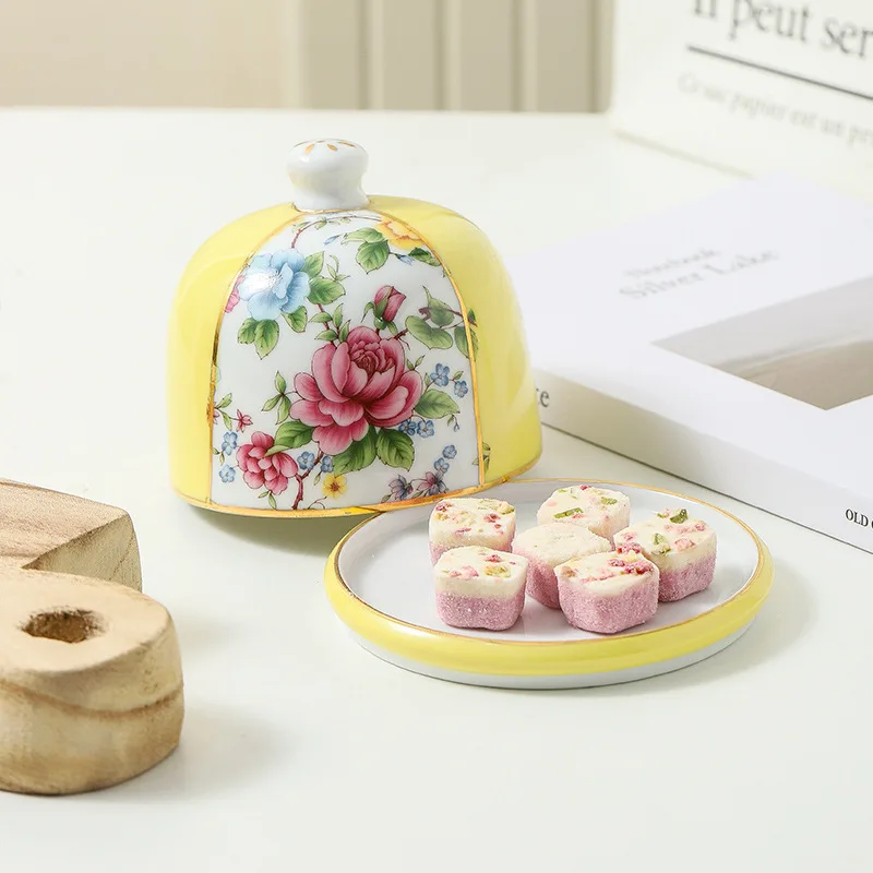 

European style butter dish, creative ceramic dish with lid, small tray, dessert dish, glazed with floral yellow oil plate
