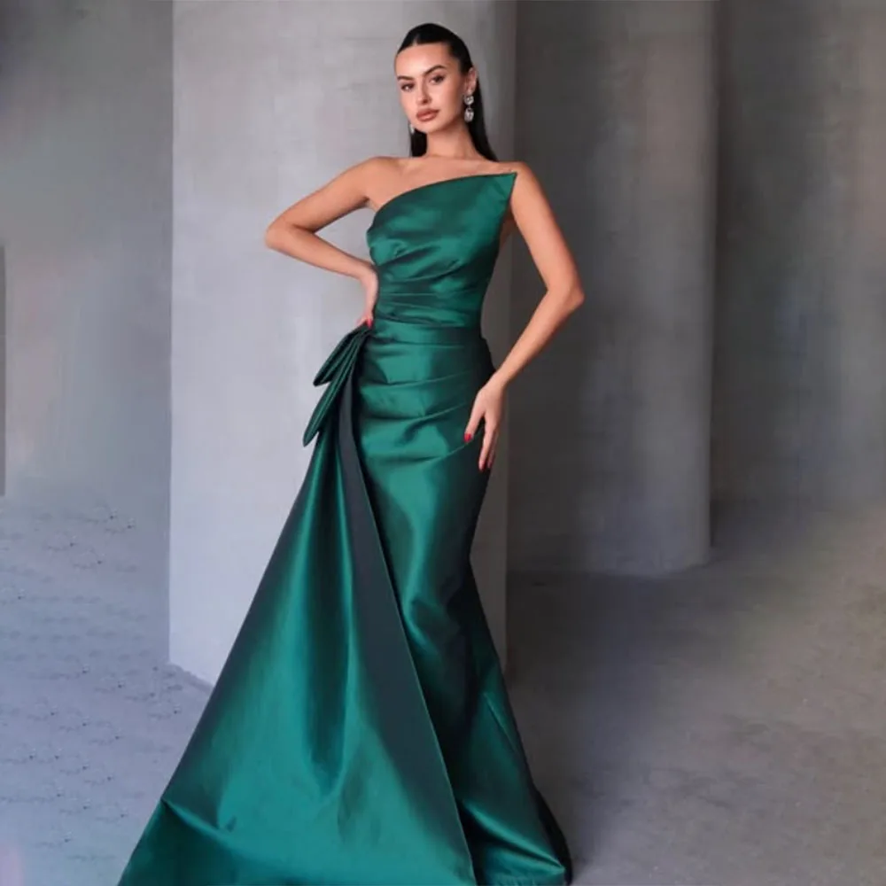 Di alta Qualità Personalizzato Senza Spalline A-line Macchia di Lunghezza Del Pavimento Senza Maniche Rughe Abiti De Mujer Elegantes Para Fiesta 2025