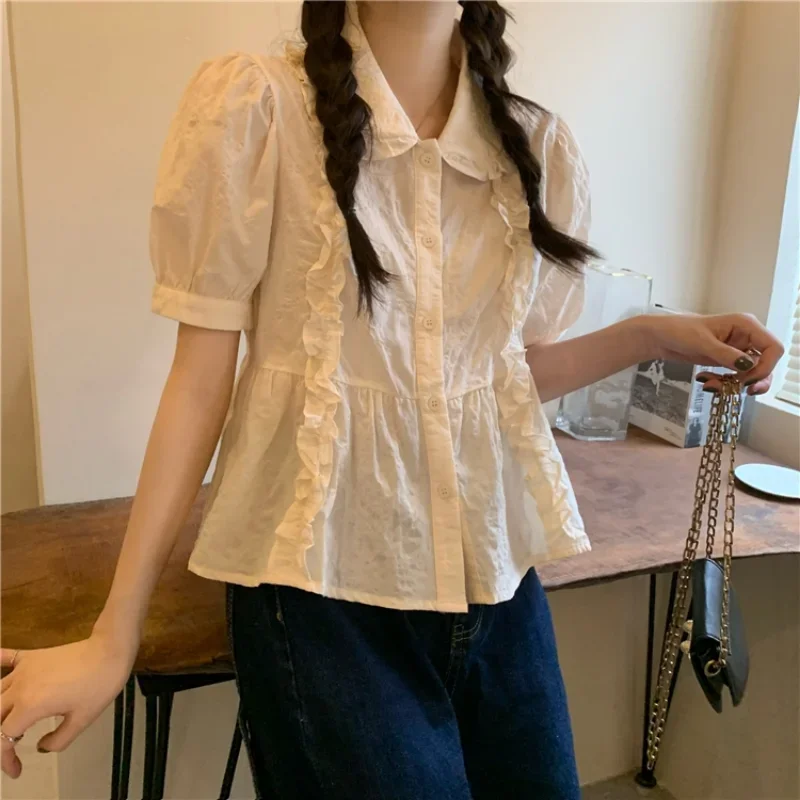 

Shirts Women Summer Peter Pan Collar Tender Sweet Girls Crop Top Korean Style Loose Fashion Ins Casual Puff Sleeve College Mujer