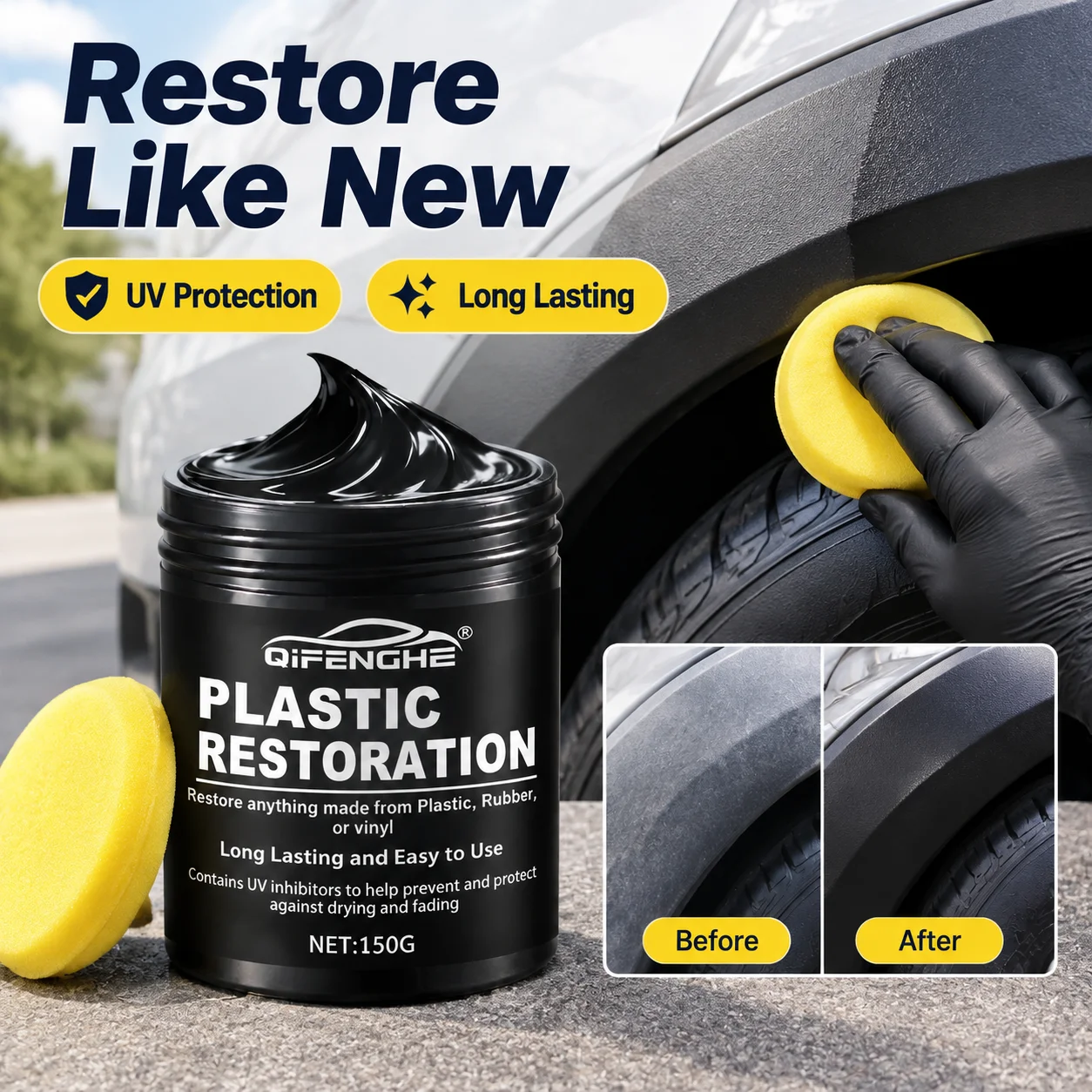QIFENGHE Plastic Restorer for Trim, Rubber & Vinyl, Long Lasting UV Protectant Gel 150G