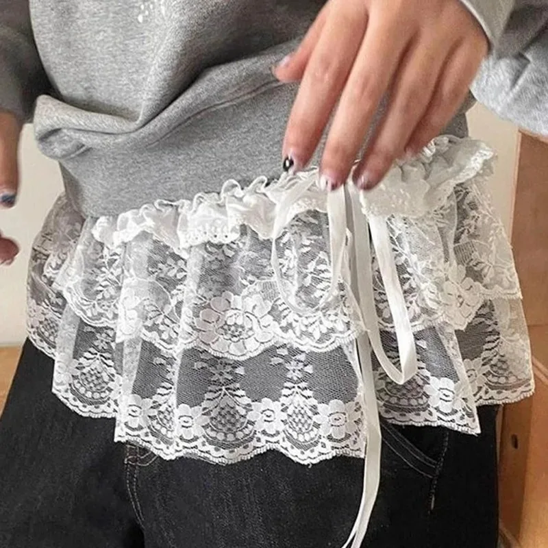 الكورية الباليه نمط 3 الطبقات الدانتيل تقليم تنّورة ملفوفة صغيرة النساء Y2K الشارع الشهير عالية الخصر الدانتيل يصل كعكة تنورة مكدسة ألف خط التنانير