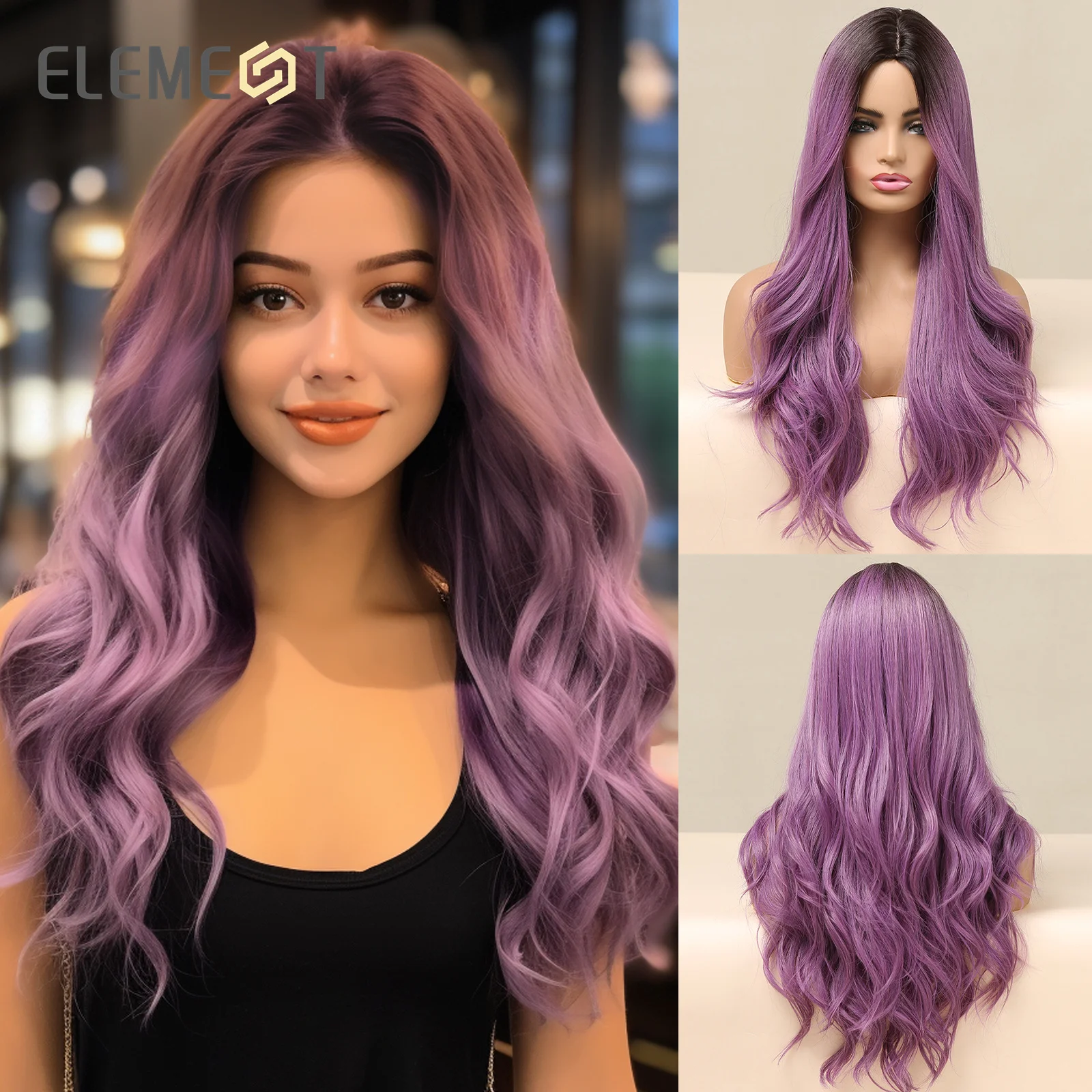 ELEMENT Elegant Synthetic Wig Long Wavy Curly Ombre Dark Root to Purple Color Wigs for Women and Girls for Party Heat Resistant