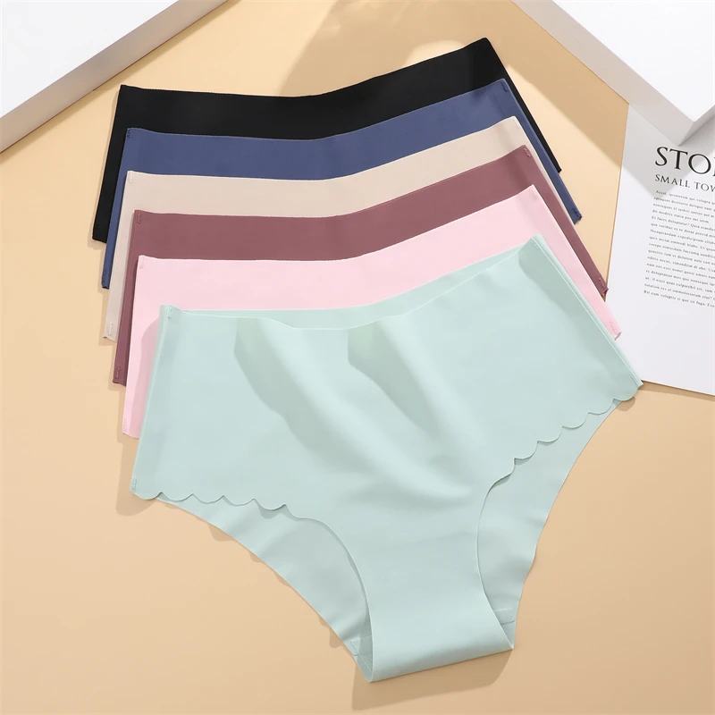 FINETOO 2Pcs Seamless Ruffles Mid-Waist Women\'s Panties Sexy Solid Color Comfortable Briefs Female Invisible Stretchy Intimates