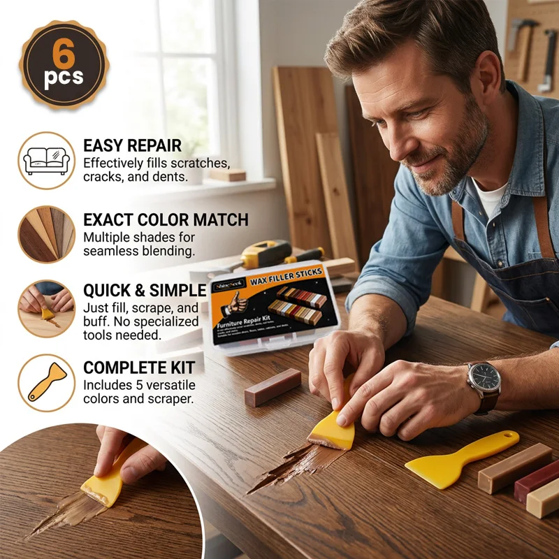6Pcs Super Strong Wood Repair Wax Blocks + 1Pc Scraper + 1Pc Sandpaper Set—Deep Brown and Light Yellow Series Wood Floor Repair Wax Block Kit, Suitable for Wooden Furniture and Floors, Furniture Repair Marker Pen, Linseed Oil Floor Repair Set, Effectively Covers Scratches, Dents, Nail Holes, Cracks, and Stains Suitable for Wooden Doors, Floors, Tables, Cabinets, Desks. Indispensable Woodworking Tools, a Great Choice!