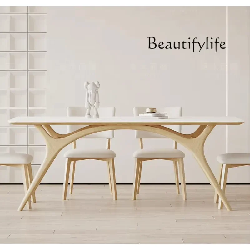 Solid Wood Rock Plate Dining Table Nordic Modern Minimalist Ash Cream Style Rectangular Dining Table and Chair