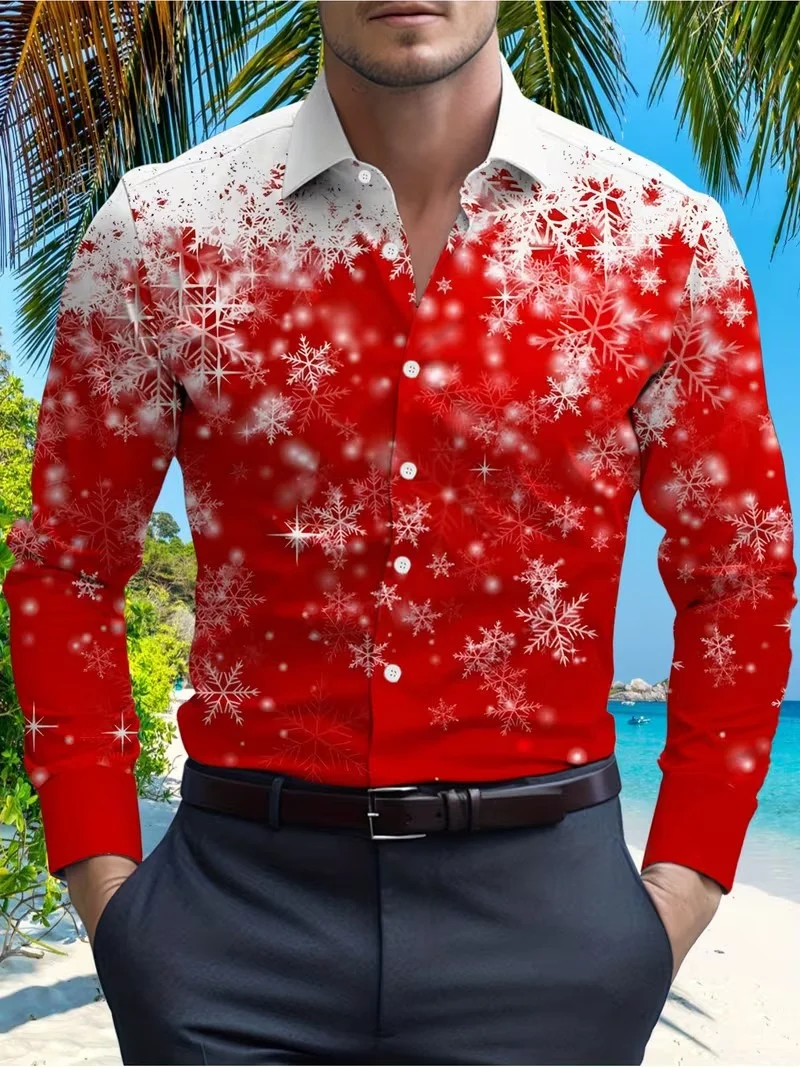 New Men's Christmas Pine Print Long Sleeved Shirt with Snowflake Pattern Lapel Button Up Shirt for Casual Holiday Parties