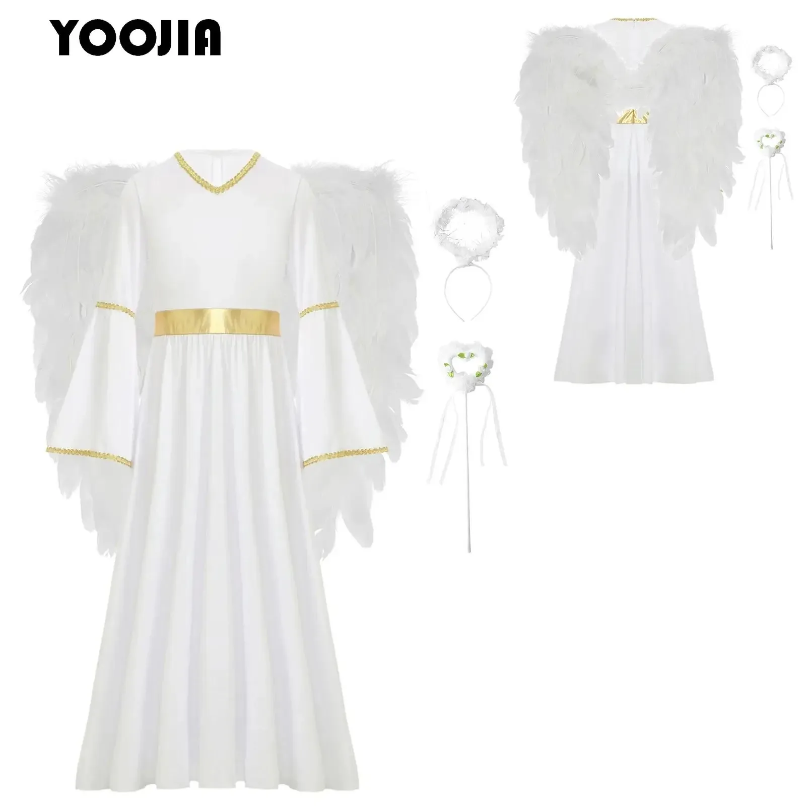 

Girls Angel Cosplay Costume Greek Princess Dress +Feather Angel Wings Headband Fairy Sticks Set Halloween Carnivals Performance