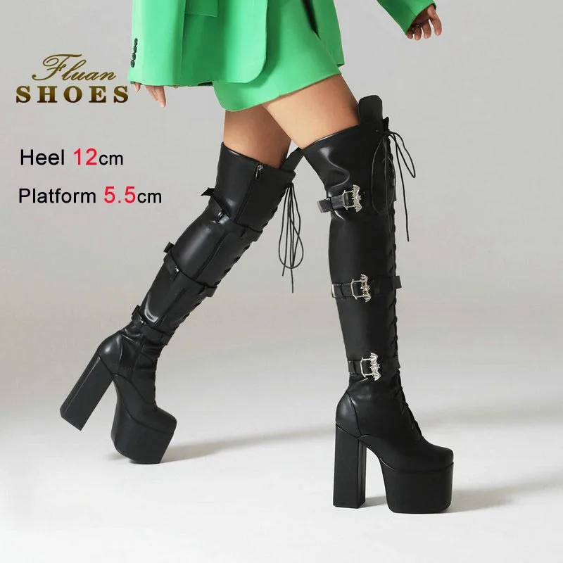 

Повседневные высокие сапоги выше колена на толстом каблуке, модные осенне-зимние женские ботинки, черные, на шнуровке, на толстой подошве, в стиле рыцарских сапог CD