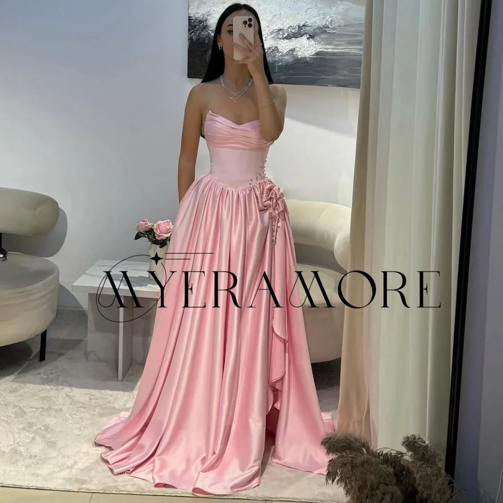 Exquisite trägerlose Abendkleider, rosa A-Linie, Blumen, Seitenschlitz, Falten, Ballkleider, maßgeschneiderte Robes de Soirée