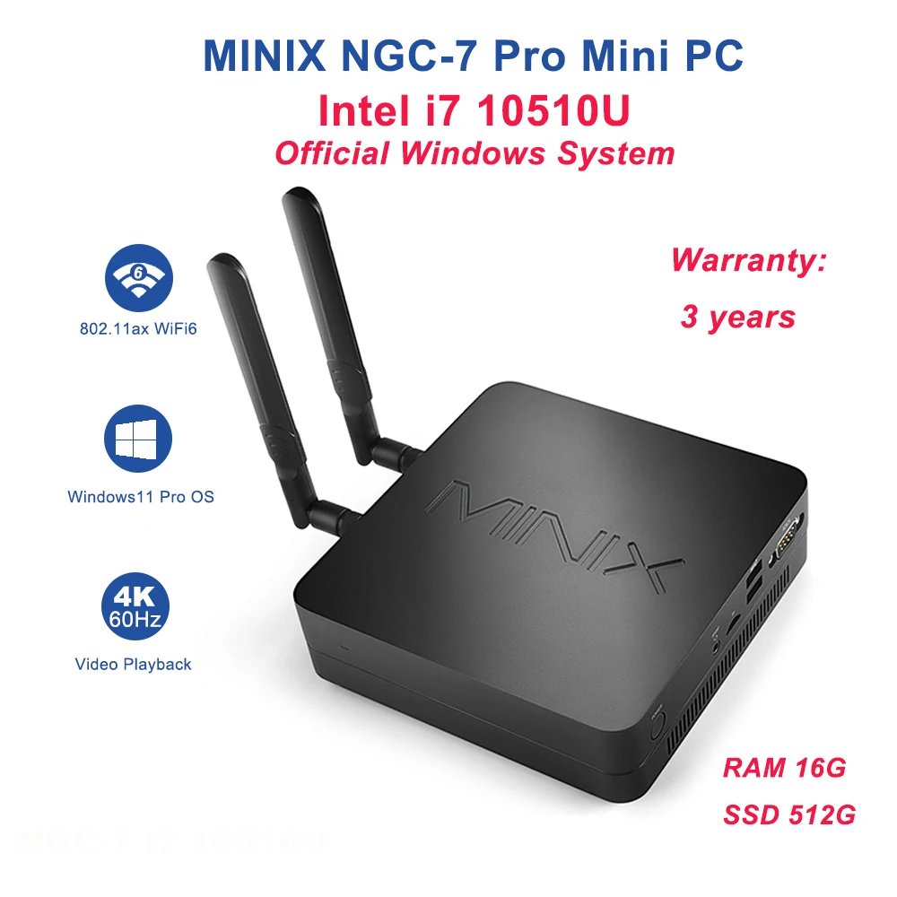 

MINIX NGC-7 Intel Core i7-10510U Gaming Mini Pc 16GB DDR4 512GB SSD Office Home Design DP Official Genuine Windows 11 PRO System