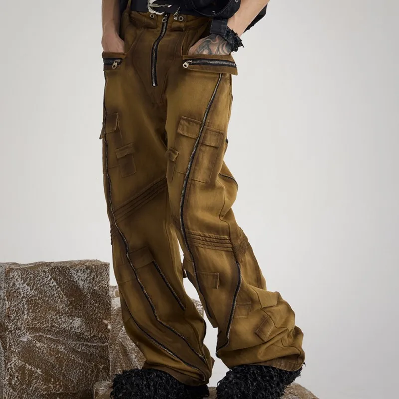 

Good Quality Wasteland Style Wear Men's Irregular Stitching Casual Pants Distressed Straight Wide-Leg Pants