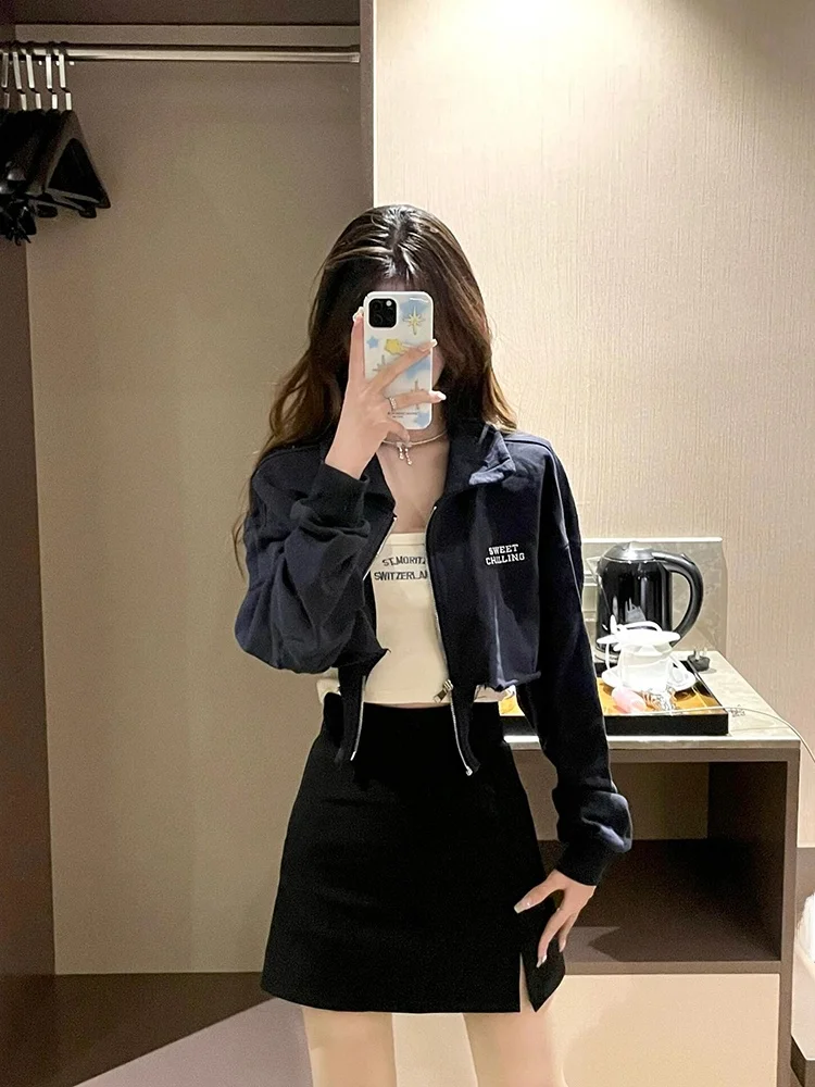 

American Style Retro Short Zipper Sweatshirt Jacket Women Loose Design Autumn Outerwear Comfortable Casual Pullover Top