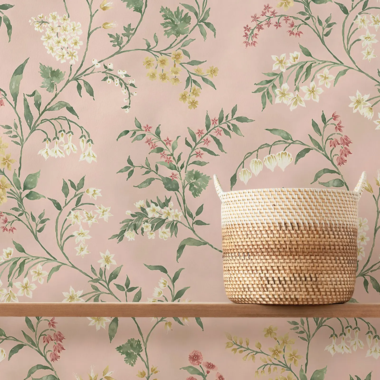 Almora Wallpaper, delicate floral wall paper with featuring bell flowers and fuchsias in dusty pink back,Traditional Un-paste