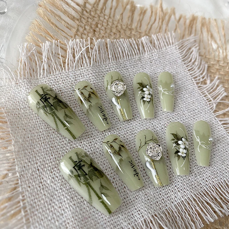 10 أظافر مصنوعة يدويًا على شكل نعش، أظافر صناعية جميلة، أظافر خضراء لانسية على الطراز الصيني، مناسبة للاستخدام للنساء