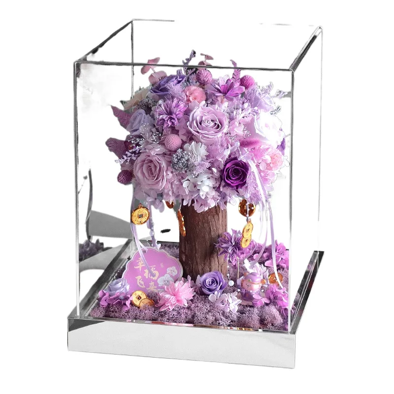 Light luxury eternal flower purple real bouquet fortune tree furniture high-end ornaments for girlfriends' birthday, golden wed