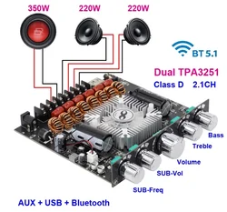 블루투스 파워 앰프 보드 2.1 Ch 클래스 D USB 사운드 카드, 서브우퍼 극장 오디오 스테레오 이퀄라이저 앰프, 2*220W + 350W, TPA3251