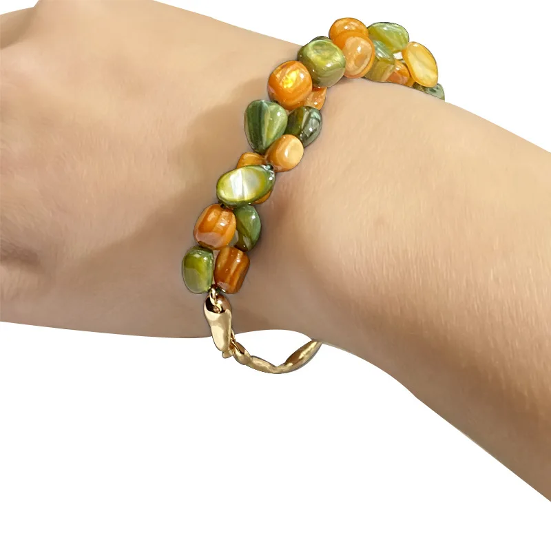 

Versatile copper plated 18K real gold colored shell bracelet double chain bracelet niche design simple ins trendy fashion