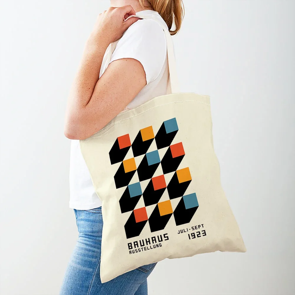 Bauhaus Geometric Canvas Tote Bag Abstract Color Block Art Print Reusable Eco‑Friendly Women Casual Shoulder Shopping Handbag