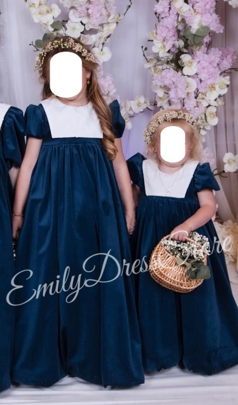 

Customized Flower Girl Dress For Wedding Puffy Velet Short Sleeves Floor Length Kids Birthday Pageant First Communion Ball Gown