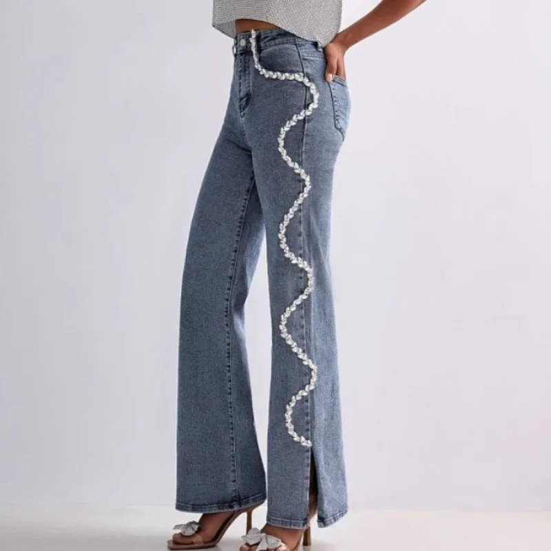 Elegante strass jeans para mulheres soltas retas calças largas fenda cintura alta jeans moda chique algodão denim calças femininas