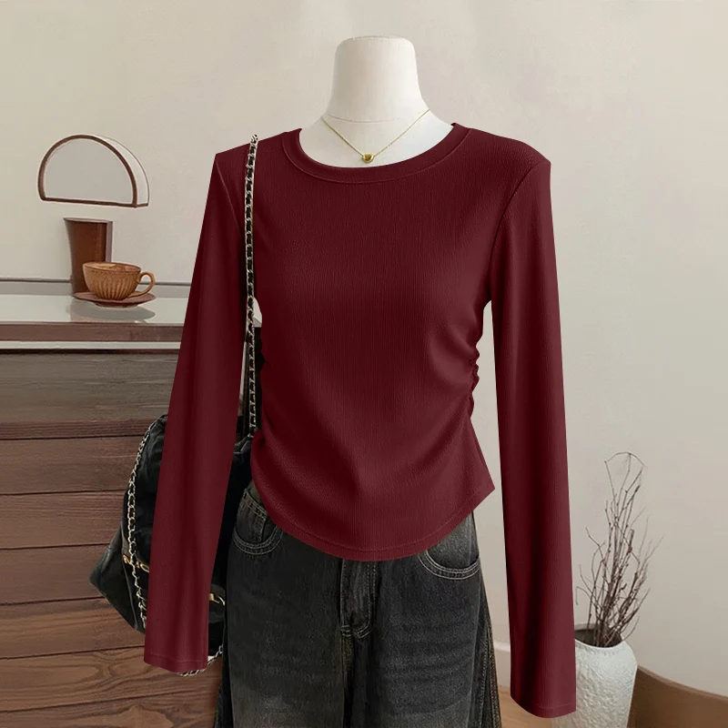 

Женская длинная футболка Sve с застежкой на талии, асимметричный корейский топ Boting irt, весенне-осенний однотонный топ с рюшами