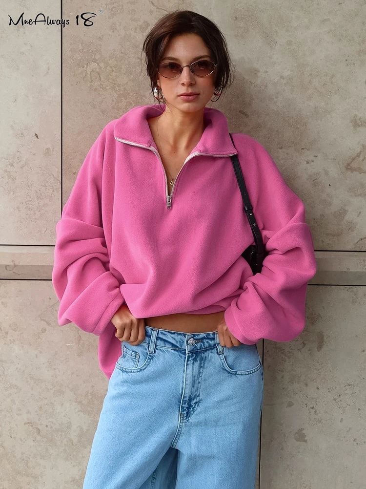 

Mnealways18 Pink Knitwear Sweatshirts Women Zipper Long Sleeves Sporty Pullover Tops Street Style Casual Ladies Knitted Sweater