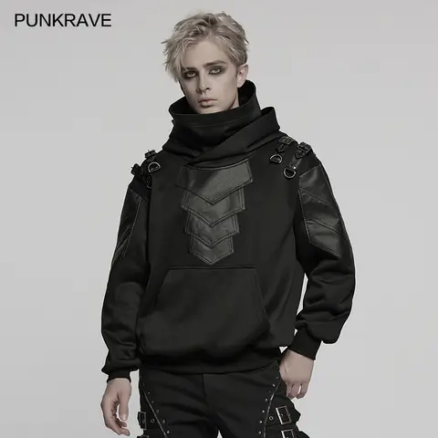 PUNK RAVE Men's Punk Hooded 3D Armor Element Ear Hanging Stand Collar Hoodie Sense of Layers Dark Loose Handsome Cool Coat