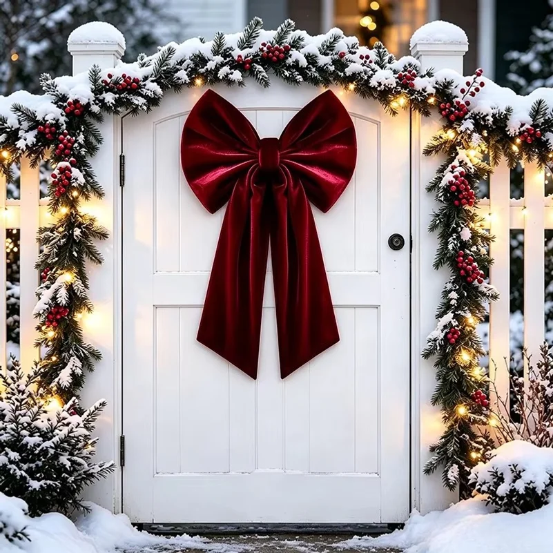 Adorno navideño colgante con lazo grande, para decorar el árbol de Navidad, ideal para fiestas en casa, lazo de terciopelo color burdeos, lazos navideños.